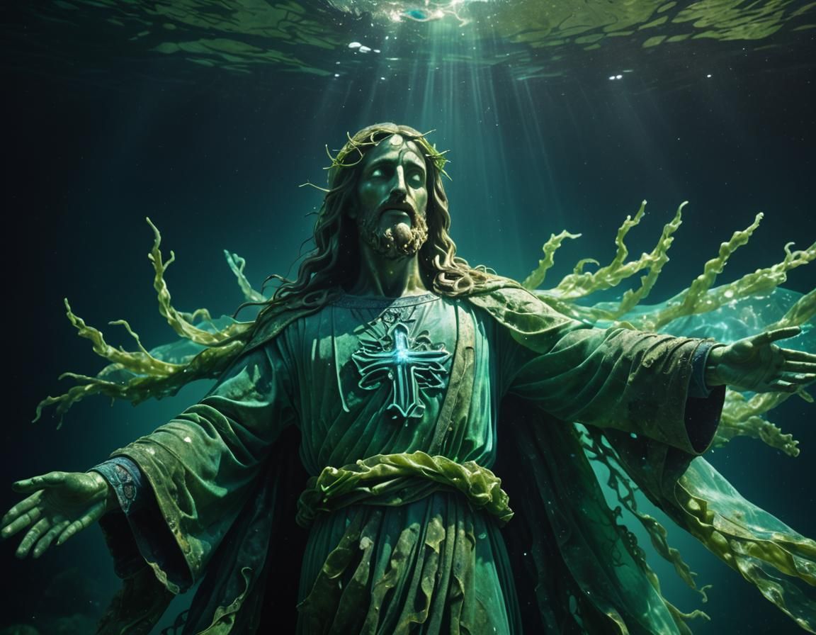 Underwater Christ Figure with Glowing Eyes in Surrealism Sty...