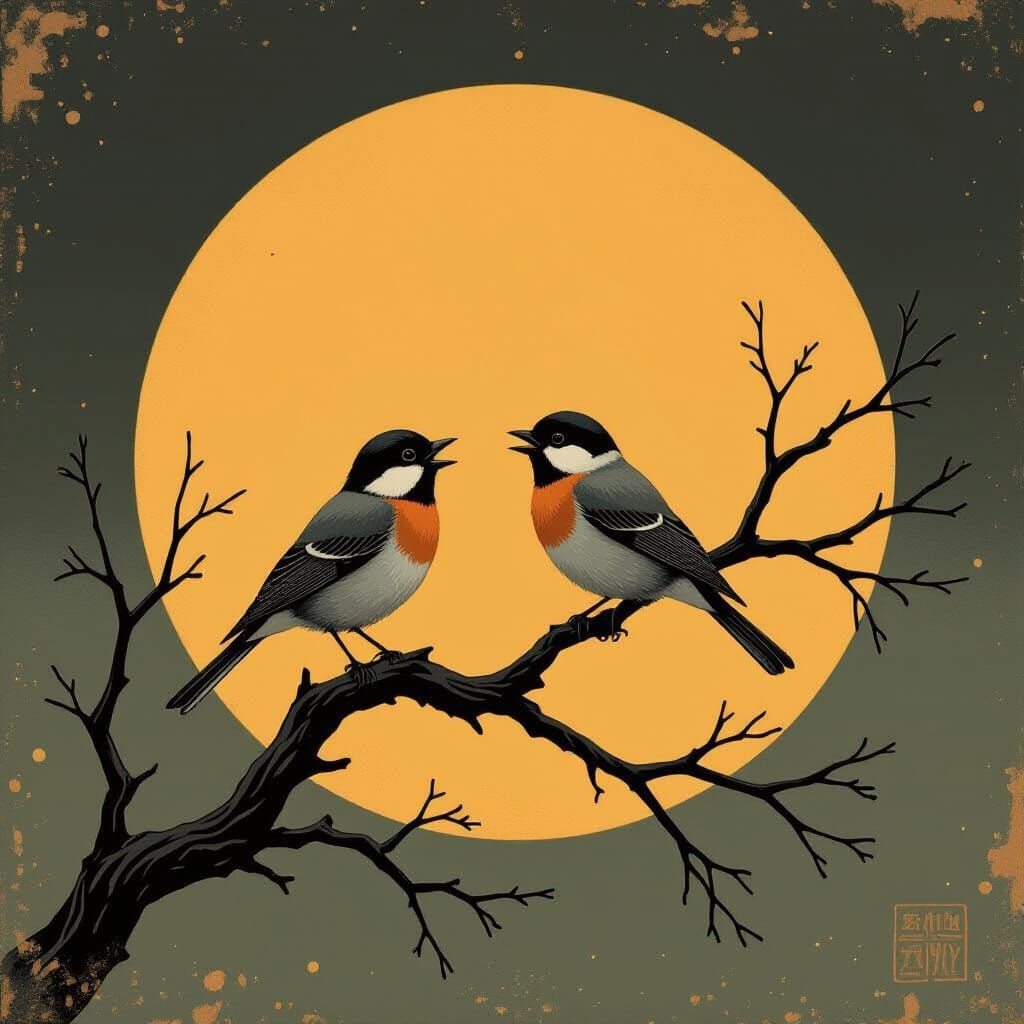 Birds Singing at Dawn: Surreal Vintage Print
