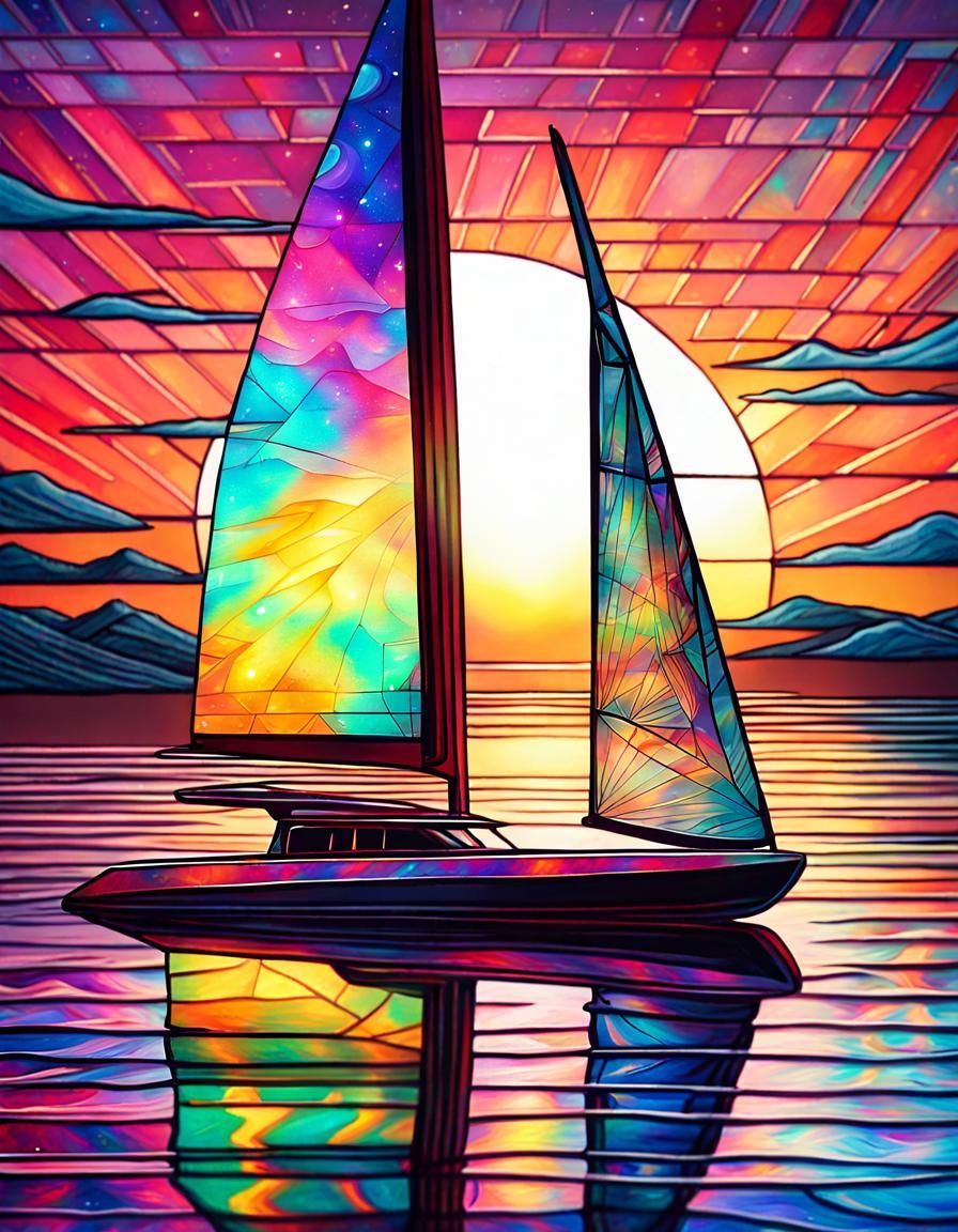 Catamaran Sailing at Sunset: Vivid Acrylic Painting