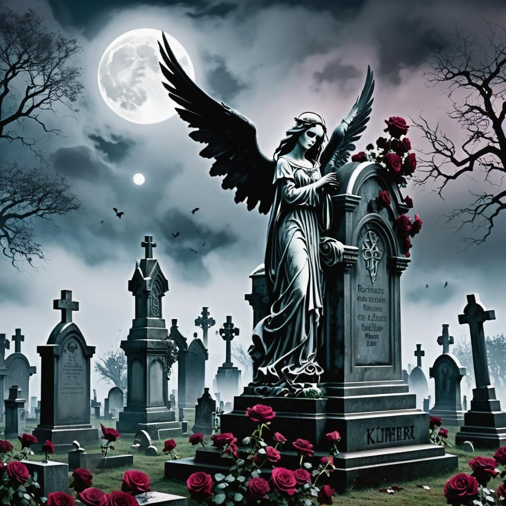 Dark Fantasy Cemetery Scene with Celtic Crosses and Gothic A...