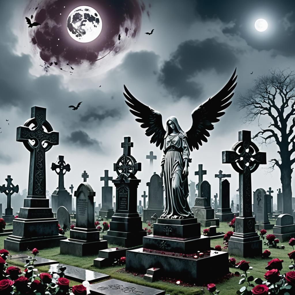 Gothic Cemetery with Angel and Weeping Woman
