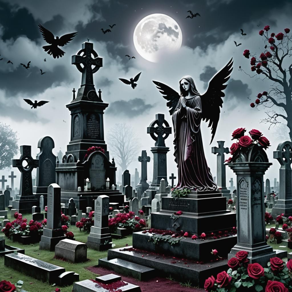 Gothic Cemetery with Angel and Weeping Woman