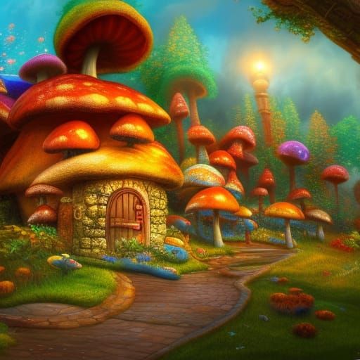 Fantastical Colorful Mushroom Cottage: Detailed Matte Painti...