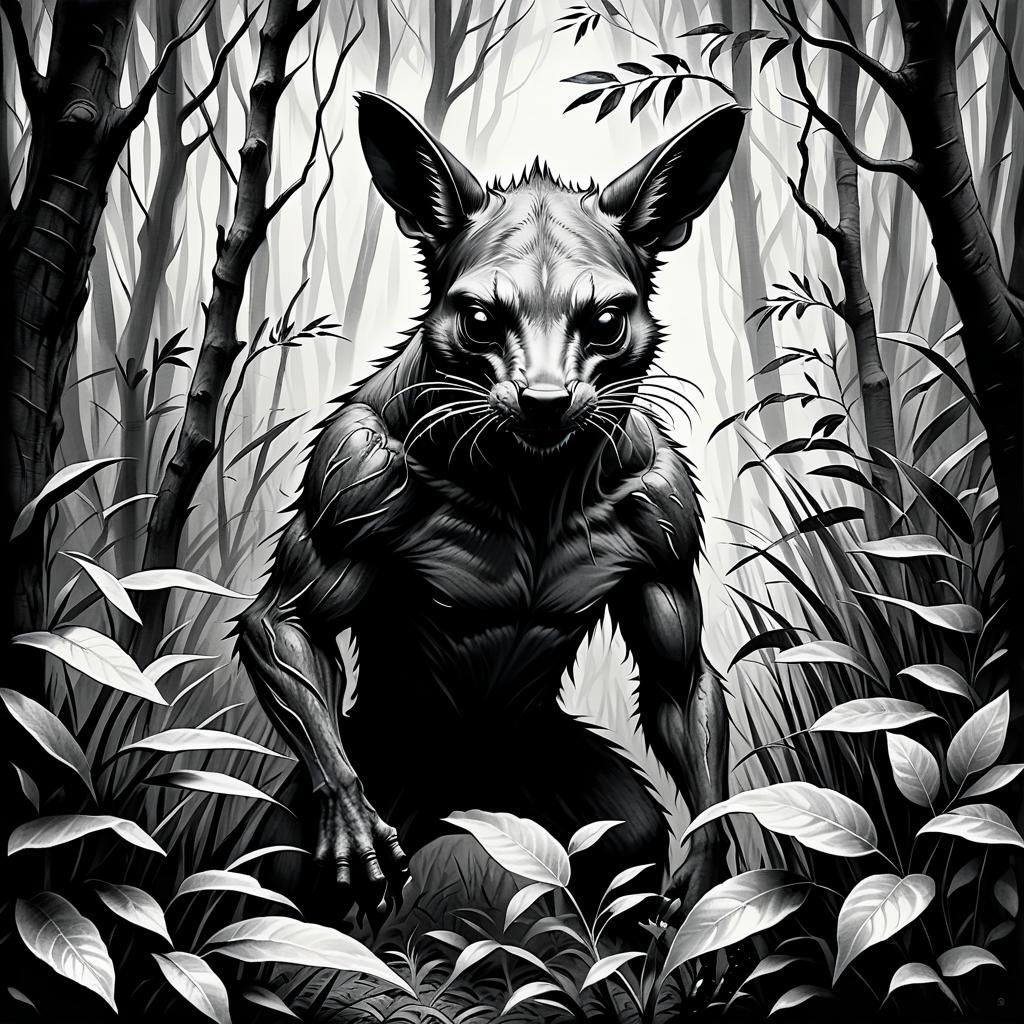 Monochrome Charcoal Art of a Chupacabra in Forest