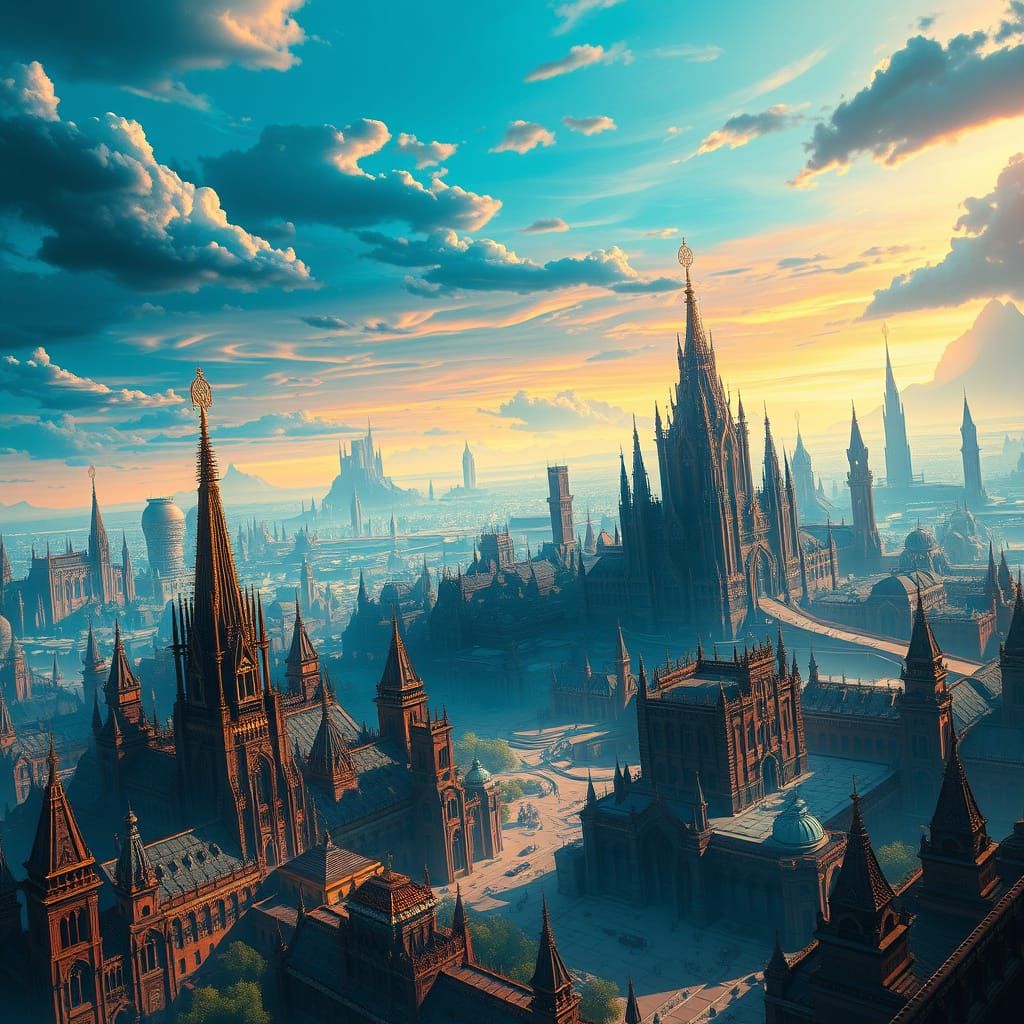 Surreal Cityscape in Vibrant Gradient Skies