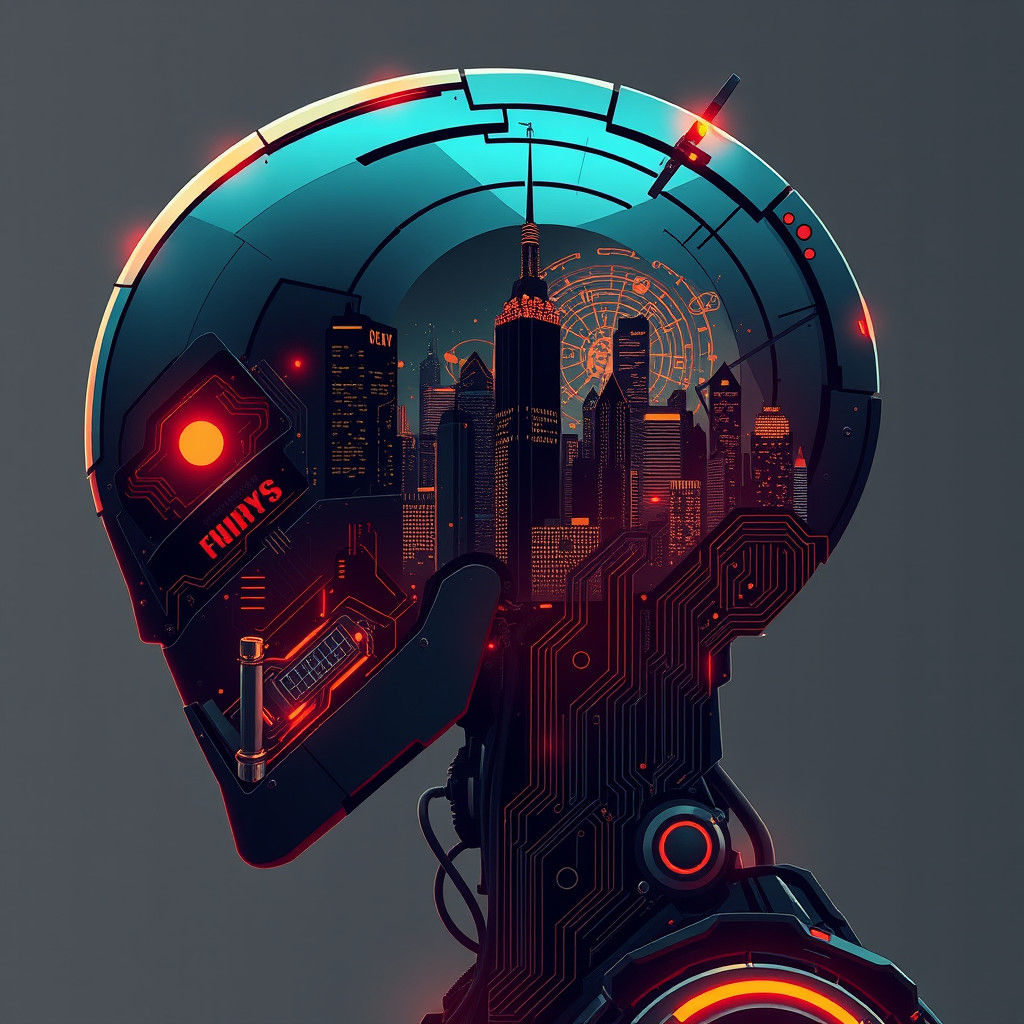 Cyberpunk Robot Cityscape Silhouette Digital Illustration