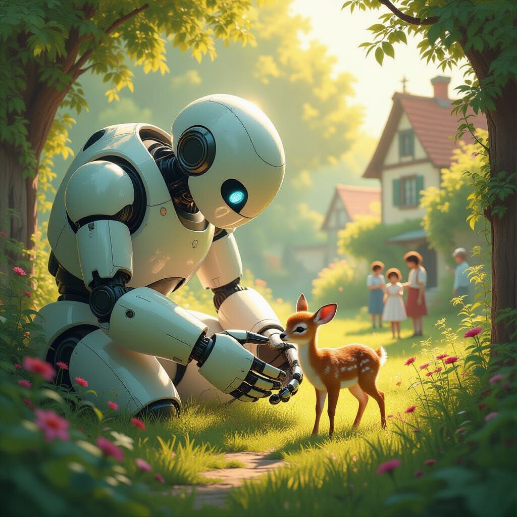 Giant Robot Tends Injured Deer in Sunlit Garden