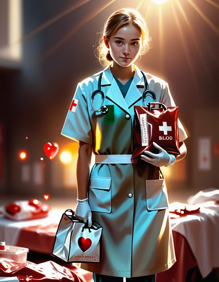 Heartfelt Digital Art of Medical Worker with Donated Blood