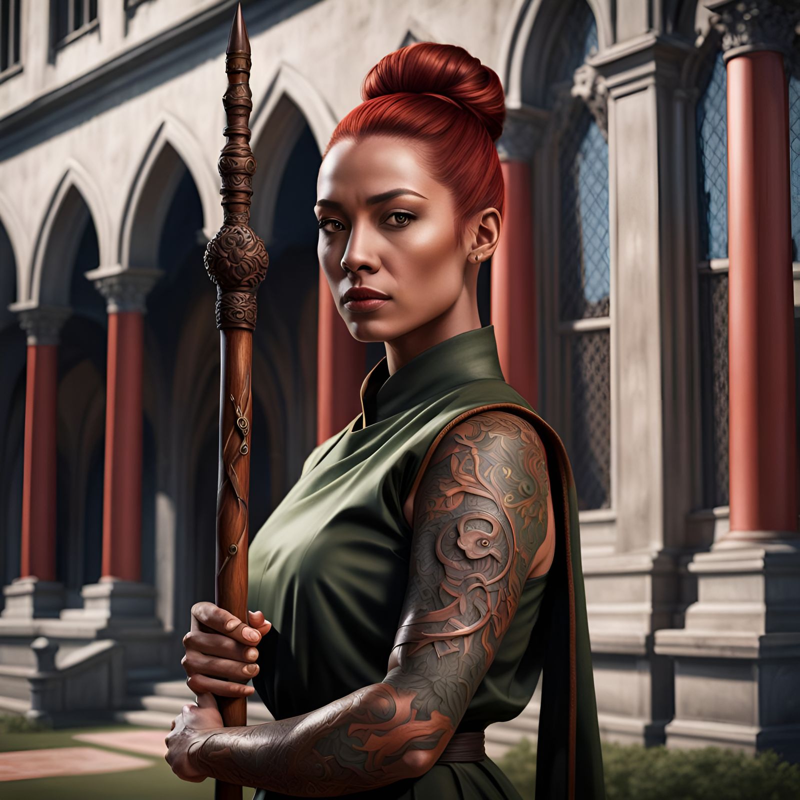 Female Monk with Quarterstaff in Gothic Setting