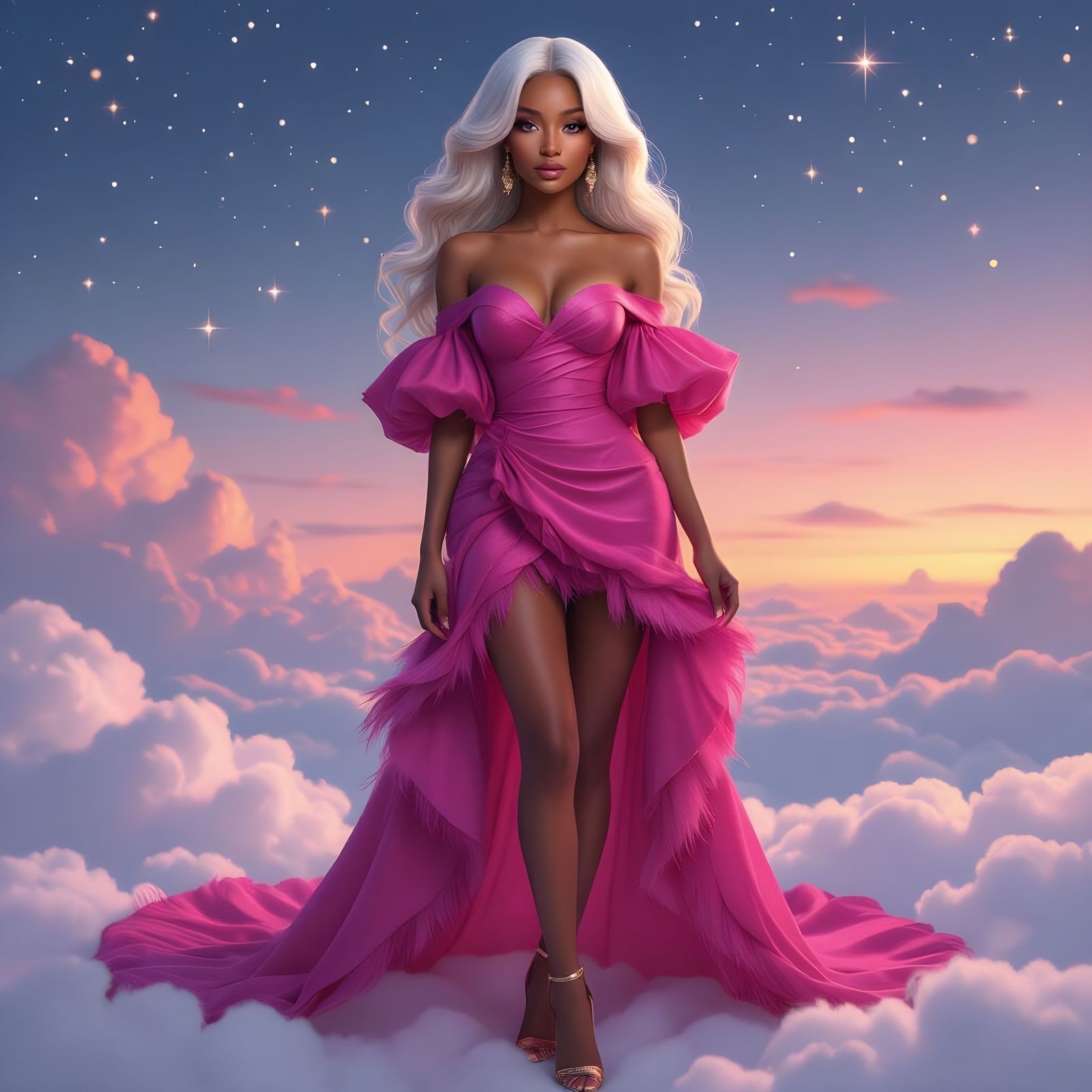 Radiant Woman in Fuchsia Dress Among Celestial Clouds