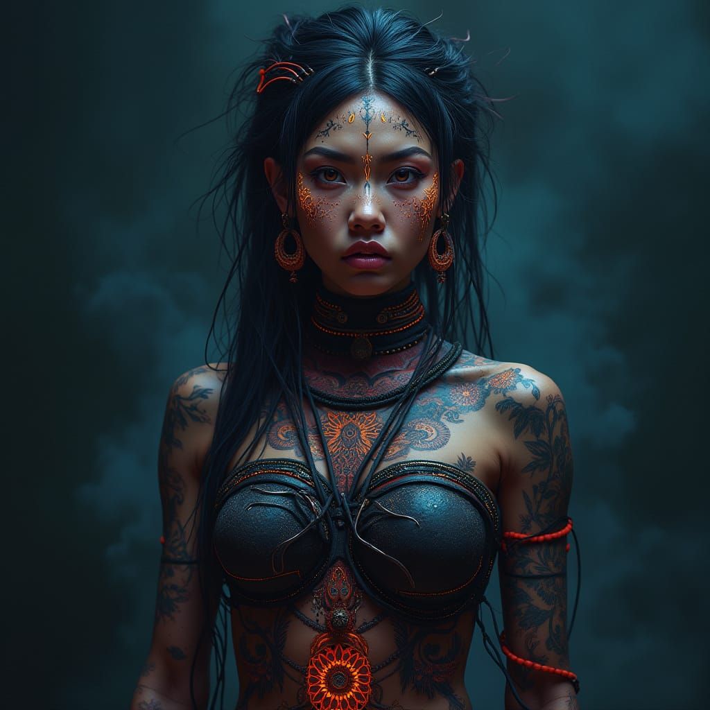 Futuristic Tribal Woman with Neon Tattoos in Hyperrealism