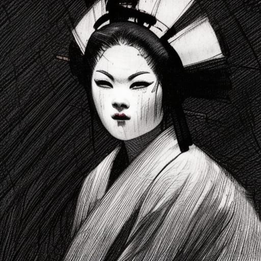 Horror Geisha Ink Drawing