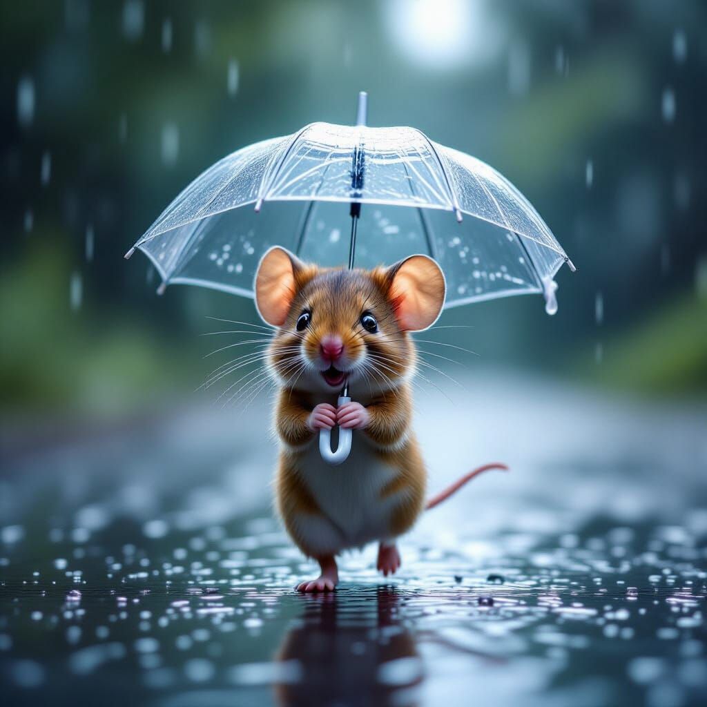 Mouse with Umbrella in Rainy Cinematic Scene