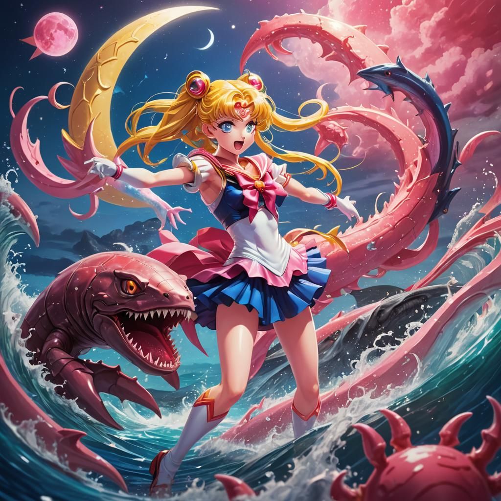 Sailor Moon vs Crab Shark in Anime Style