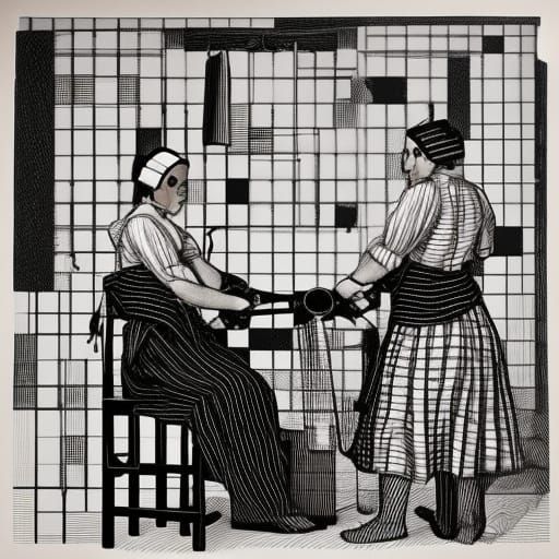Checkered Shack: 18th Century Workers in Linocut Style