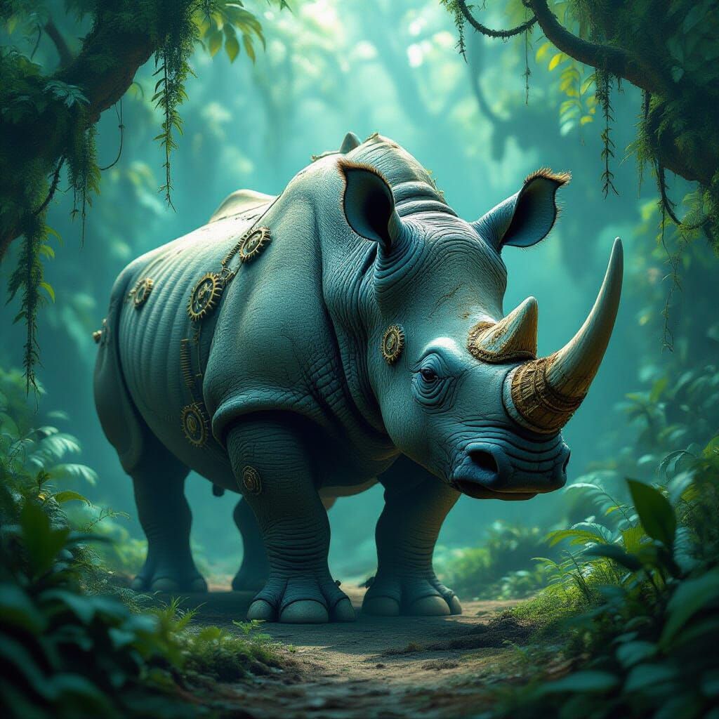 Steampunk Rhinoceros in Bioluminescent Jungle