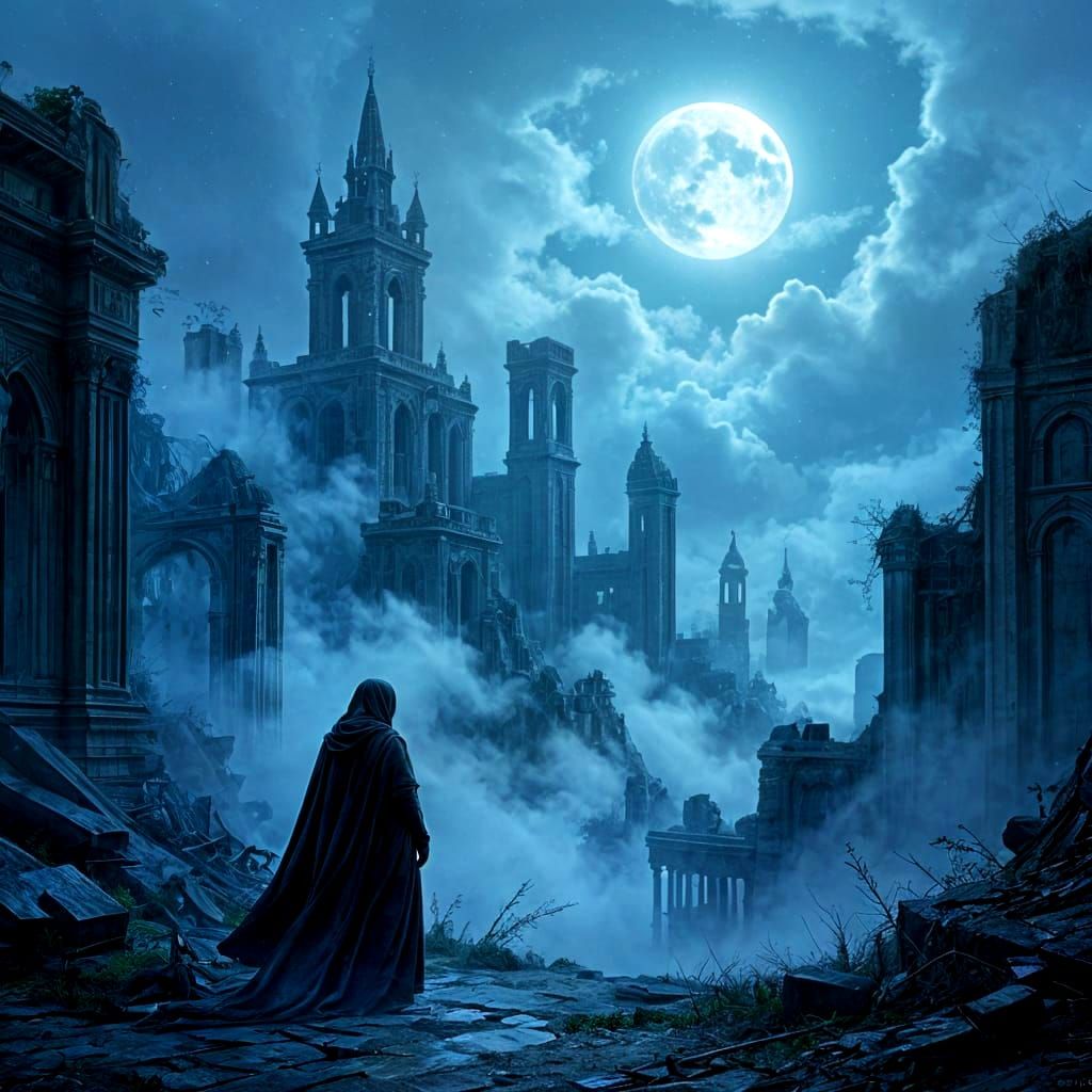 Lone Figure in Overgrown City at Moonlight