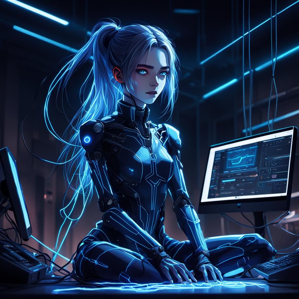 Cinematic Anime Android Woman in Dimly Lit Room