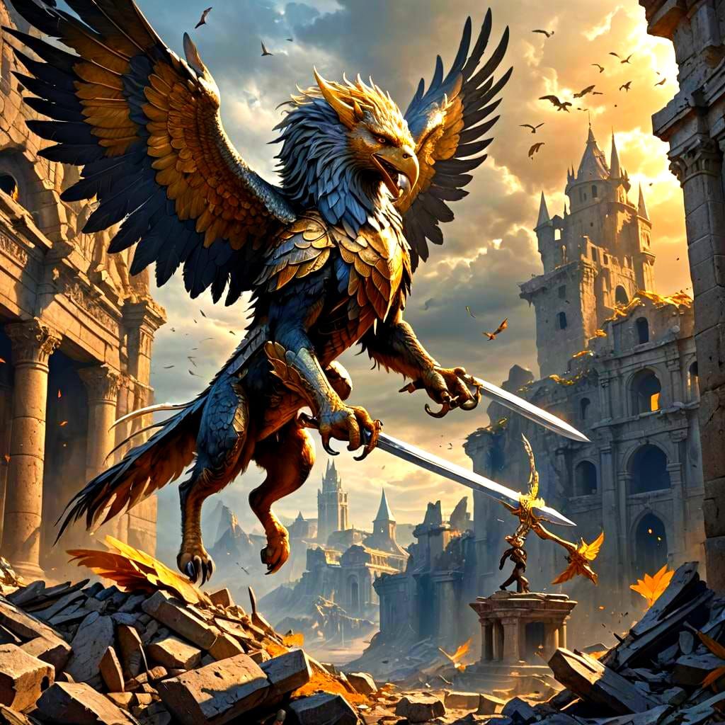 Griffin Over Ruined Kingdom: Dark Fantasy Concept Art