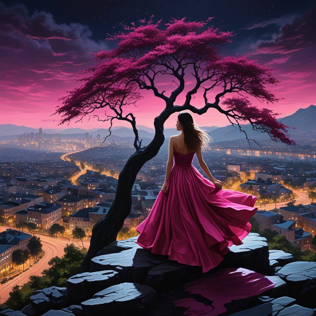 Fantasy Woman Emerging from a Magenta Tree
