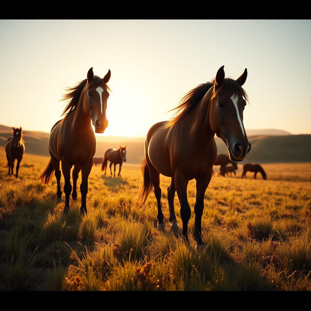Majestic Horses in a Golden Meadow