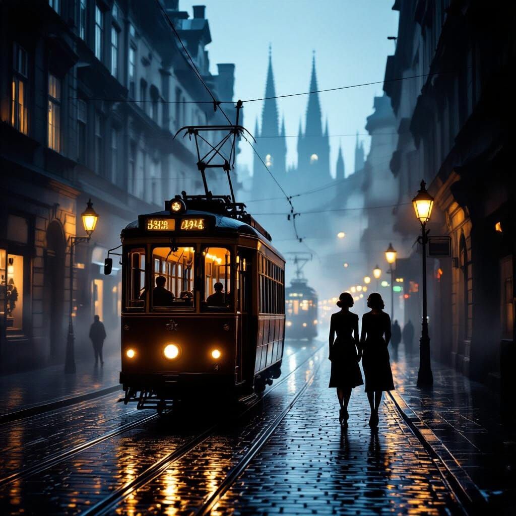 Misty European Street at Night in Noir Style
