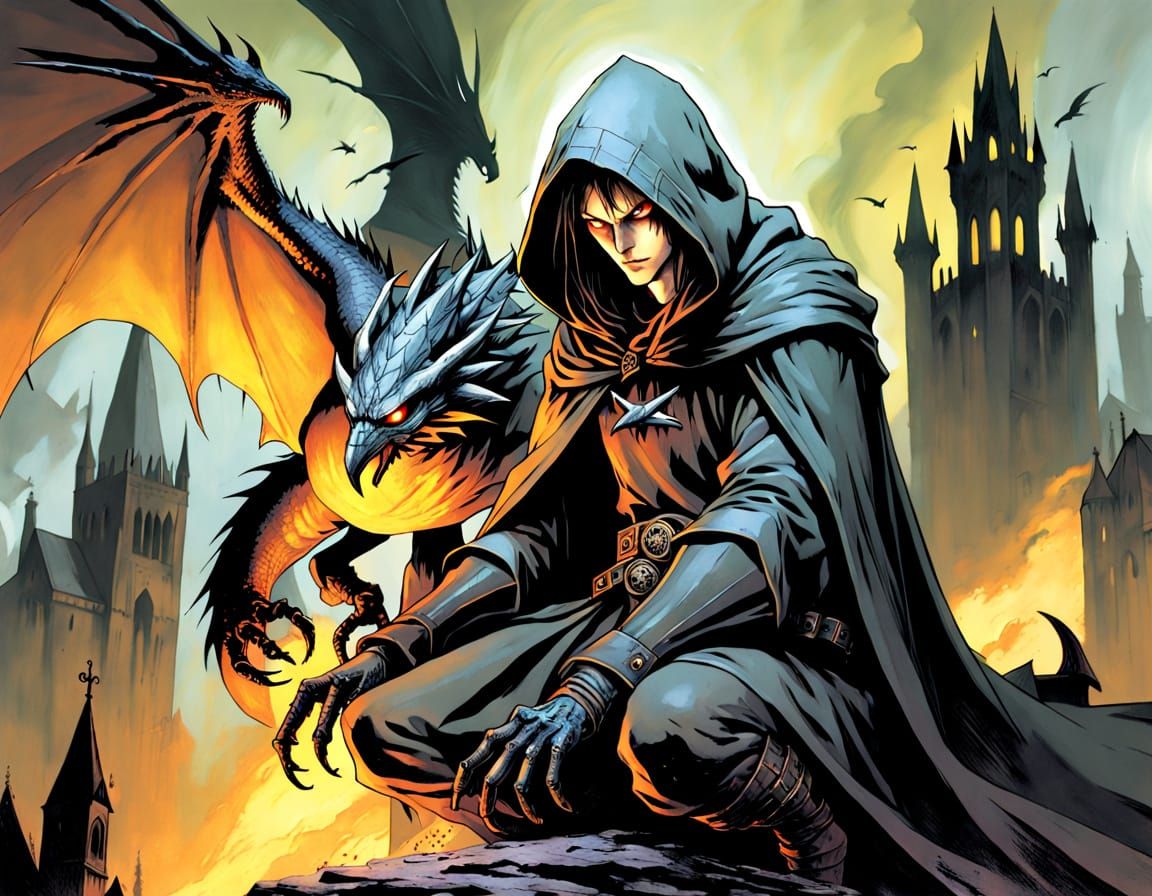 Ominous Hooded Figure in Burning Gothic City