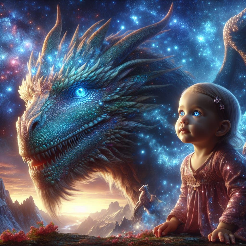 Guardian Dragon and Stargazing Child in Digital Art