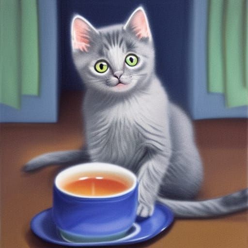 Gray Kitten in Blue Teacup: Hyperrealistic Detail