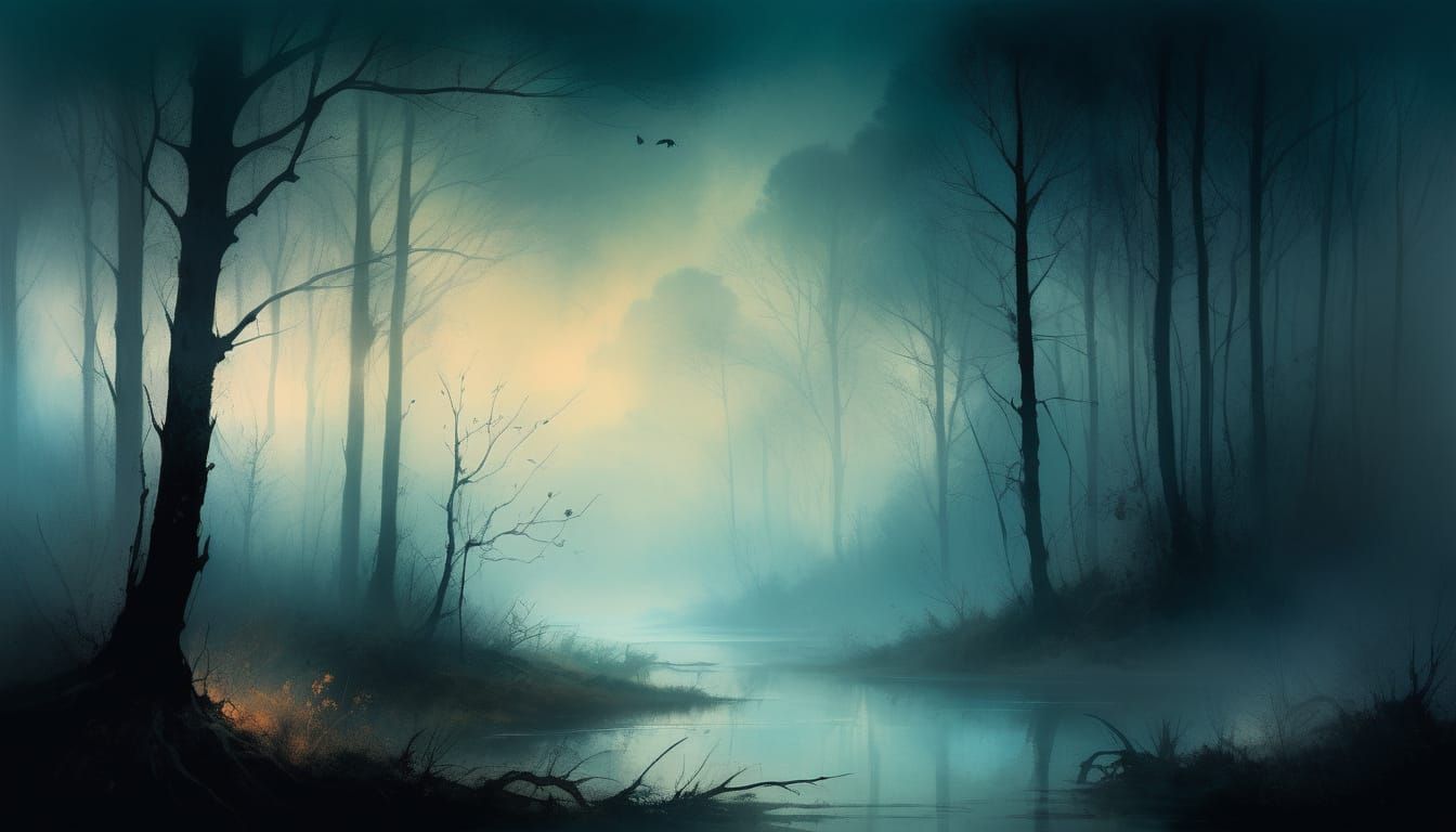 Eerie Misty Forest Illustration in Earthy Pastels