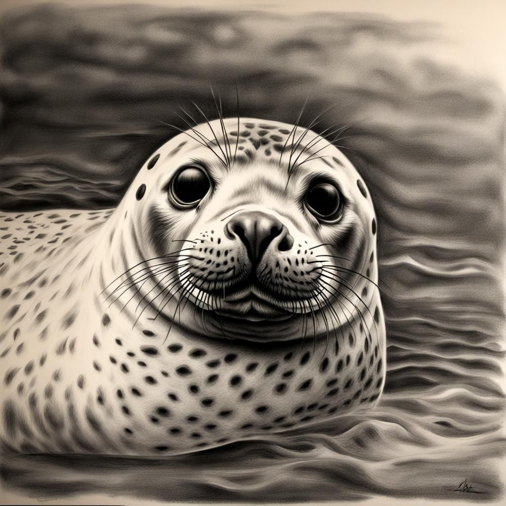 Hyperdetailed Charcoal Drawing of a Harbor Seal