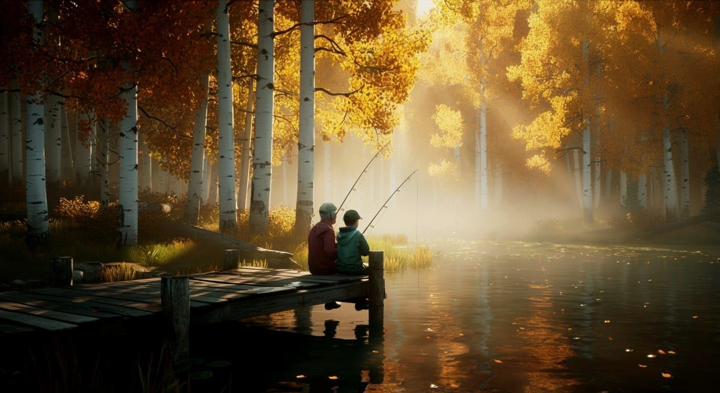 Lakeside Fishing at Sunrise: A Matte Painting