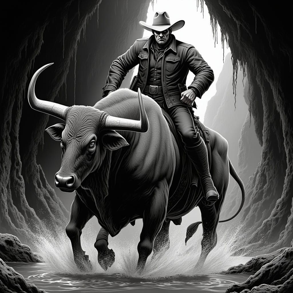 Cowboy Battles Demons on Hyper-Realistic Bull in Dark, Water...