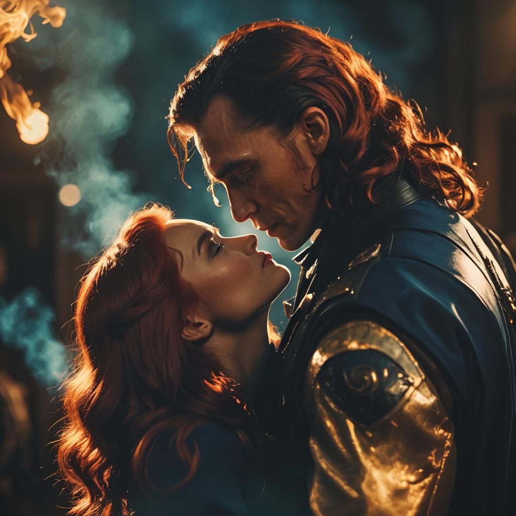 Loki and Fiery Woman Kiss in Film Noir Style
