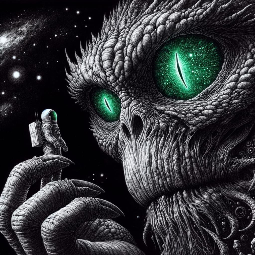 Colossal Creature Holds Astronaut in Cosmic Void