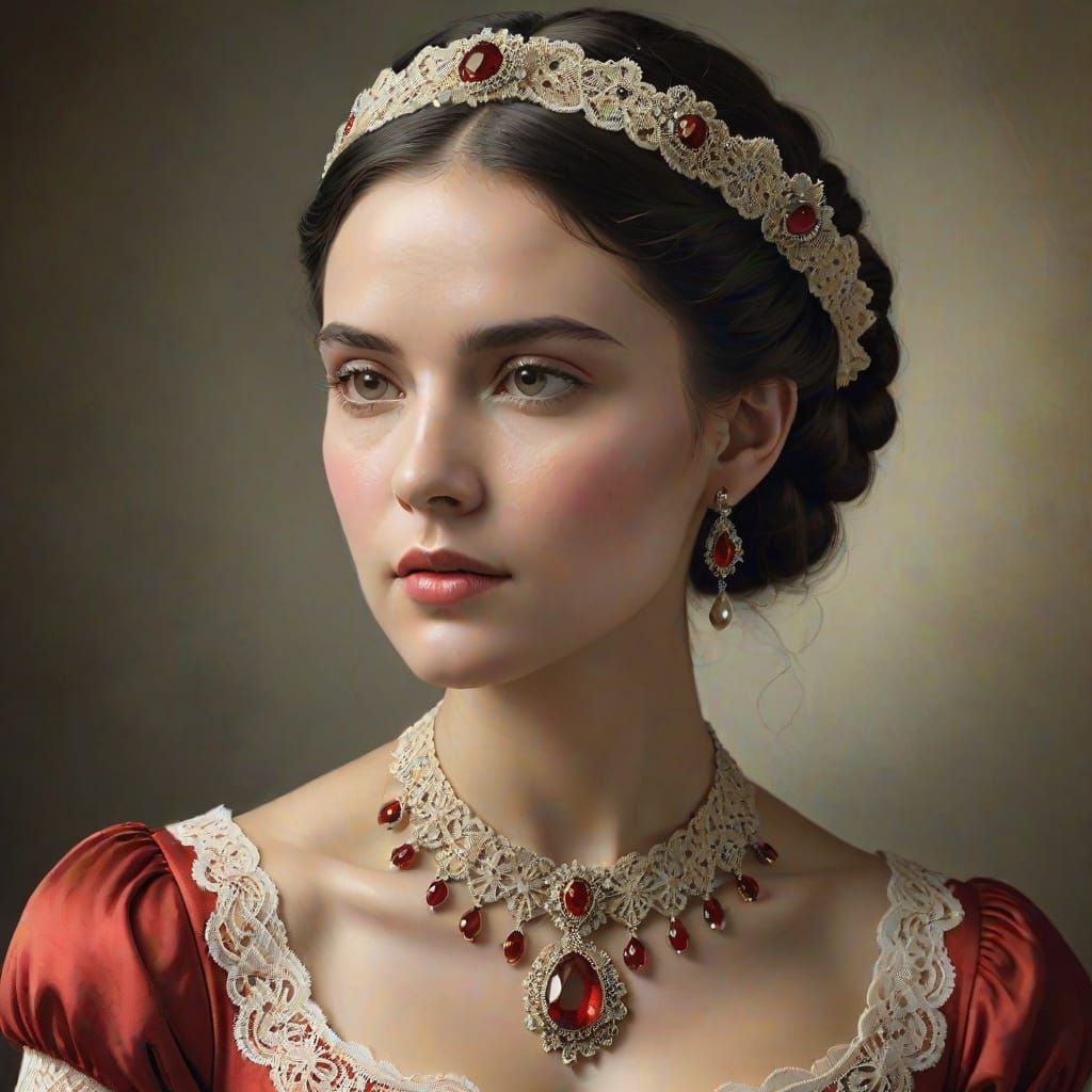 Elegant Young Woman in Victorian Lace Headdress