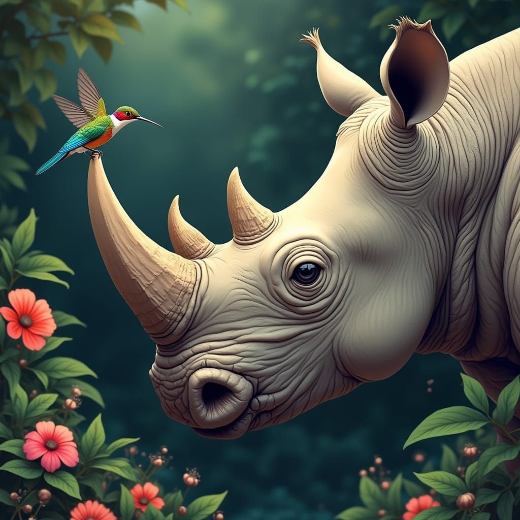 Tiny Hummingbird Lands on Gentle Giant Rhinoceros in Vibrant...