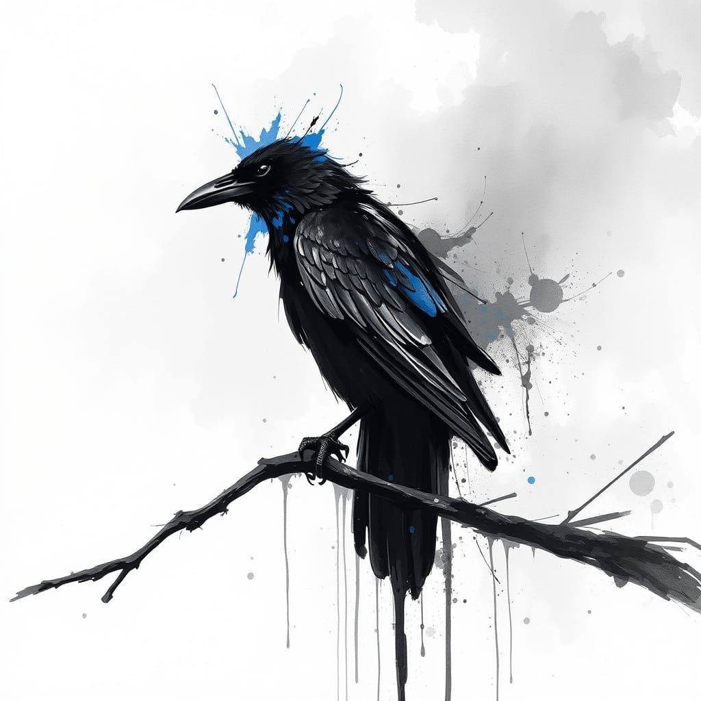 Ethereal Raven on Branch with Blue Accent