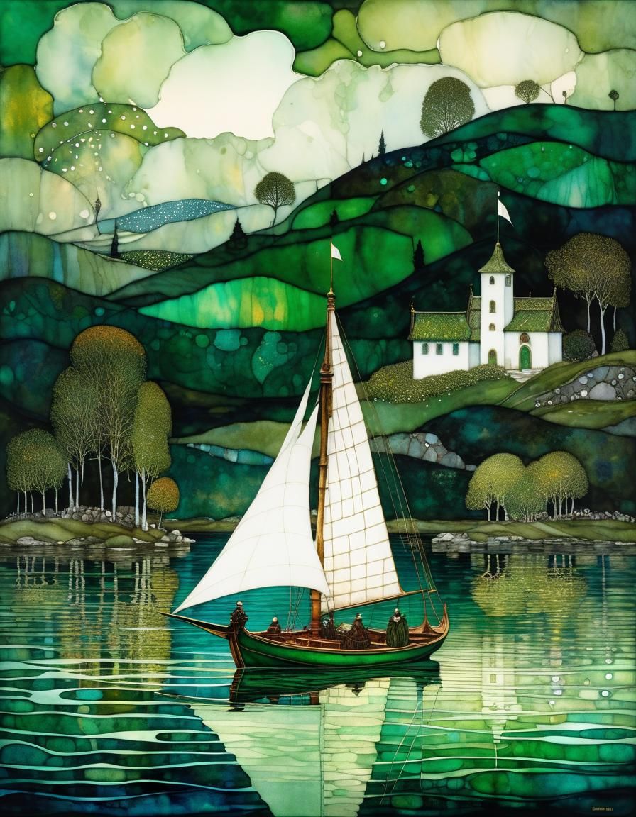 Green Boat on Lake, Klimt-inspired Night Scene