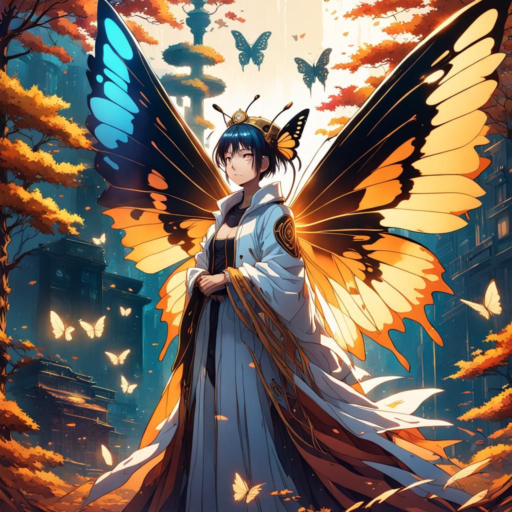 Cyberpunk Queen with Butterfly Wings in Anime Style