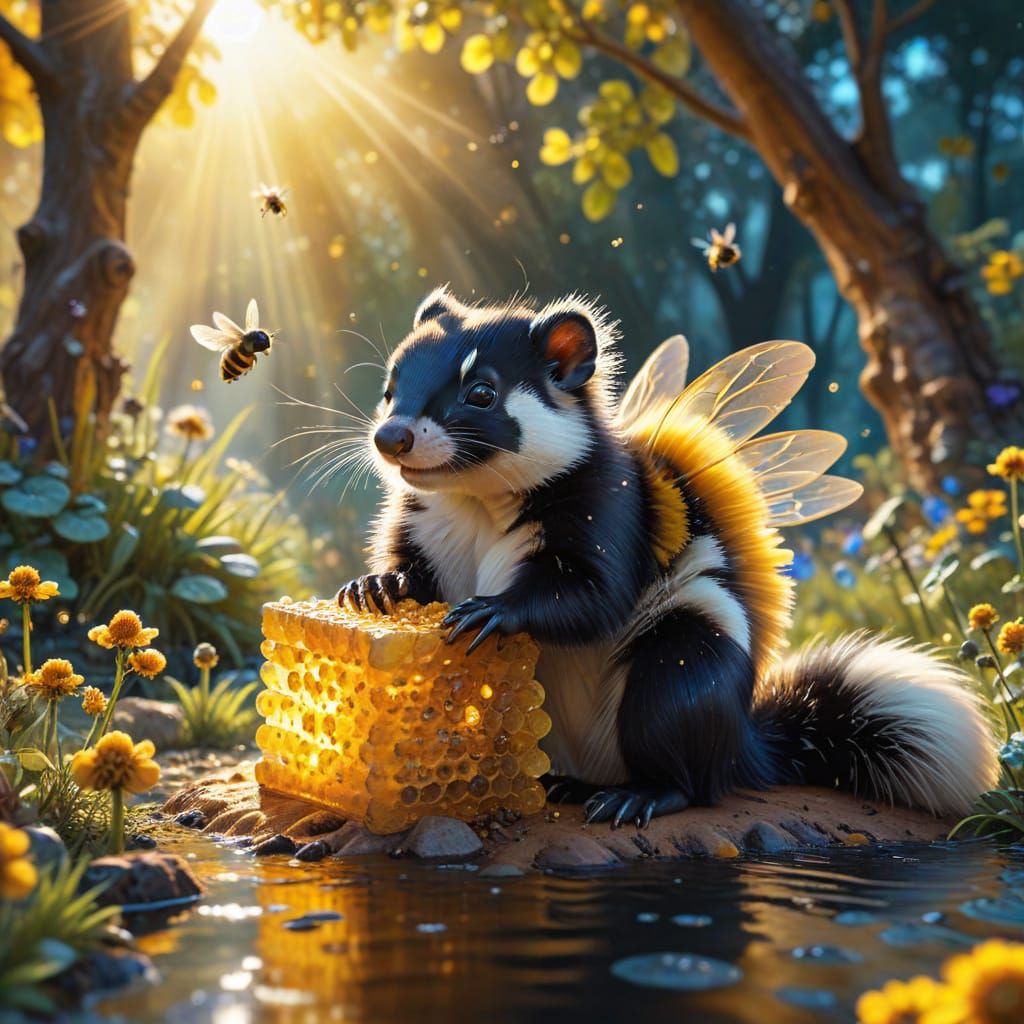 Whimsical Watercolor Skunk Surrounded by Bees in a Fantastic...
