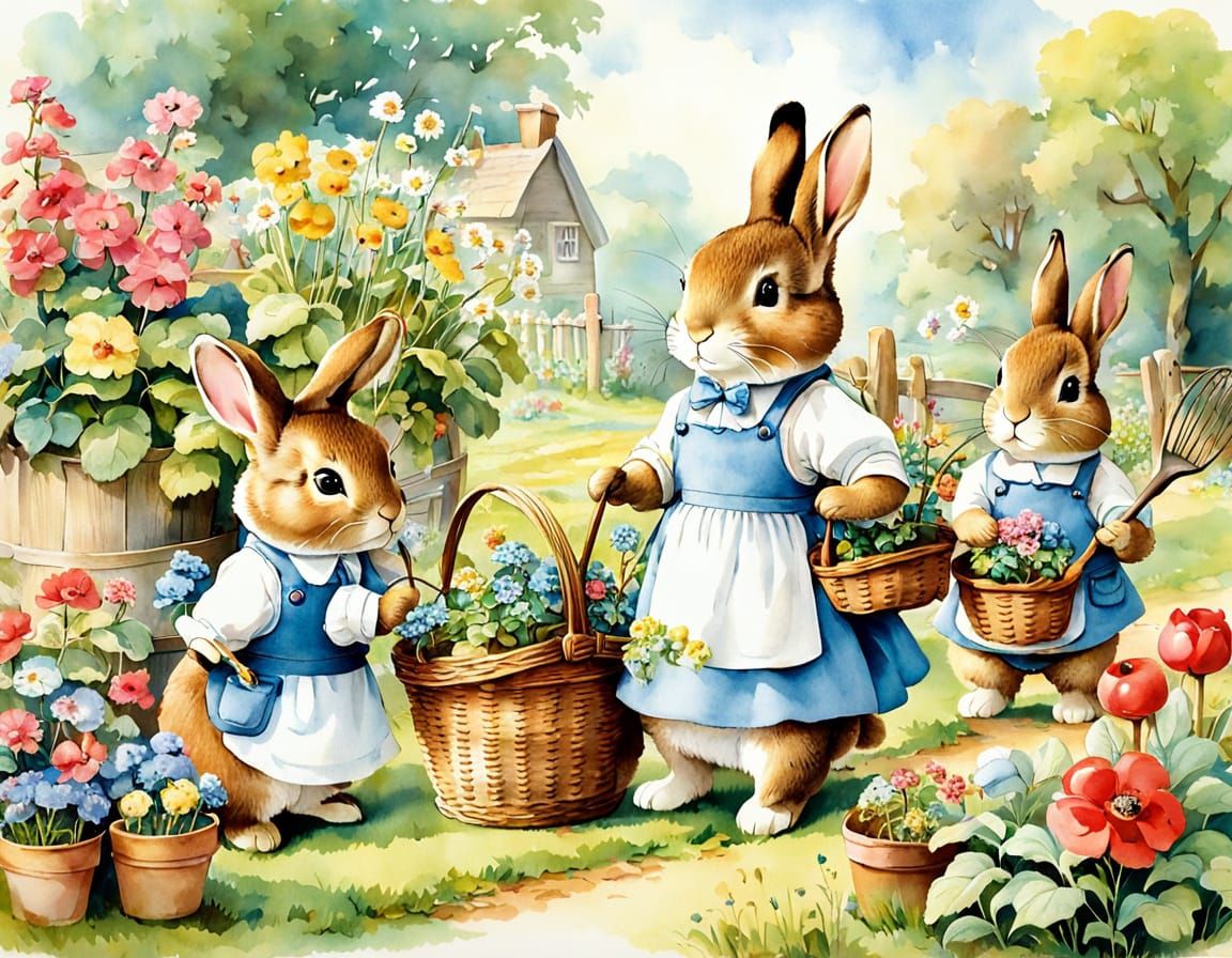Vintage Watercolor Garden Scene with Bunnies