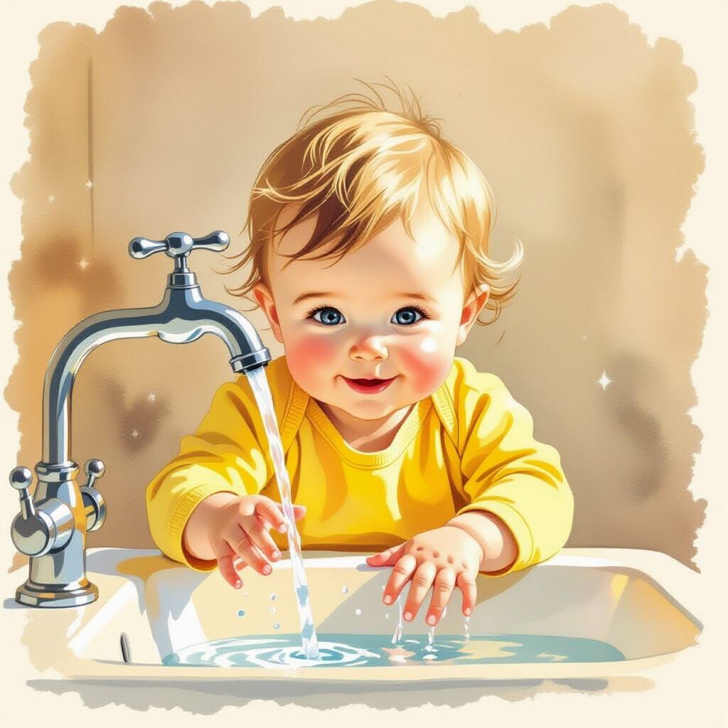Baby's First Encounter: Water in Watercolor Style