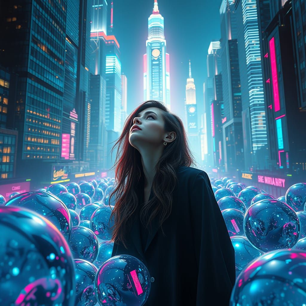 Futuristic Cityscape with Mercury Spheres in Digital Art