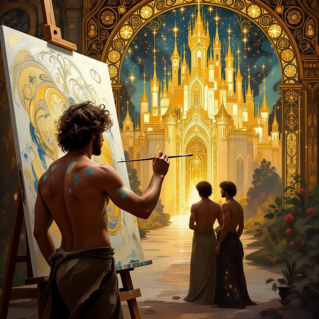 Artist Paints Golden Castle in Art Nouveau Style