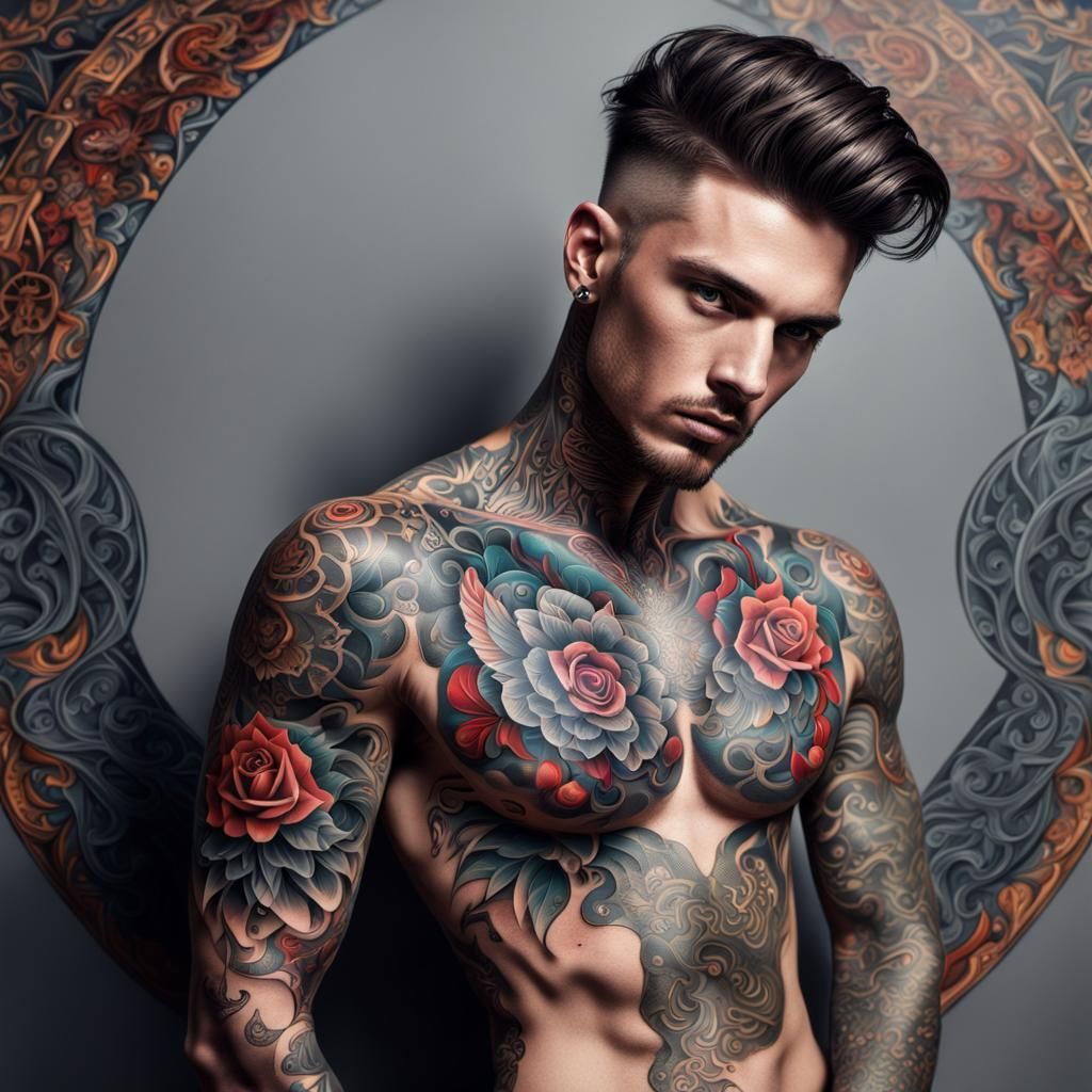 Handsome Tattooed Man in Neo-Traditional Style