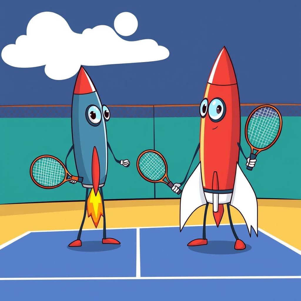 Cartoon Rockets Play Racquetball