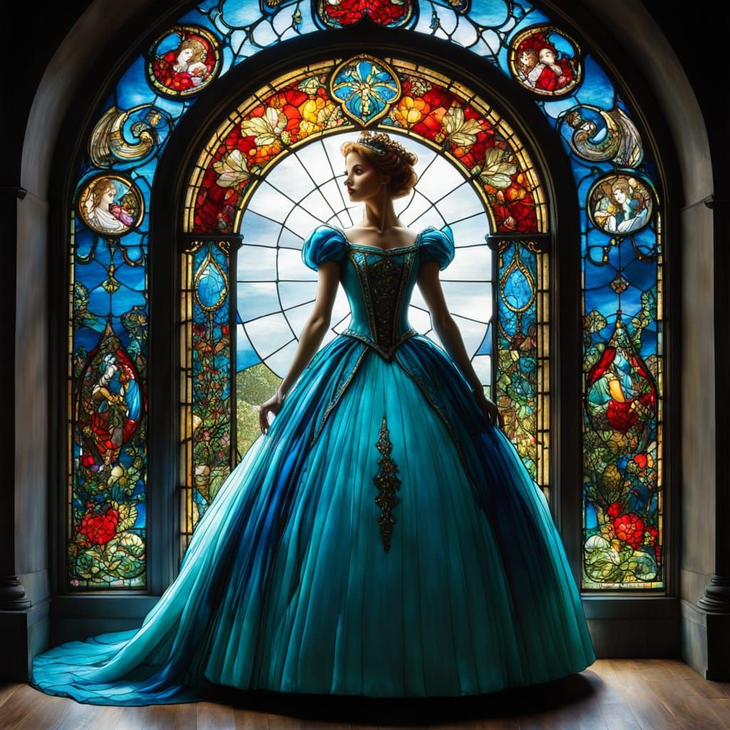 Fairytale Woman in Ball Gown Stained Glass Style