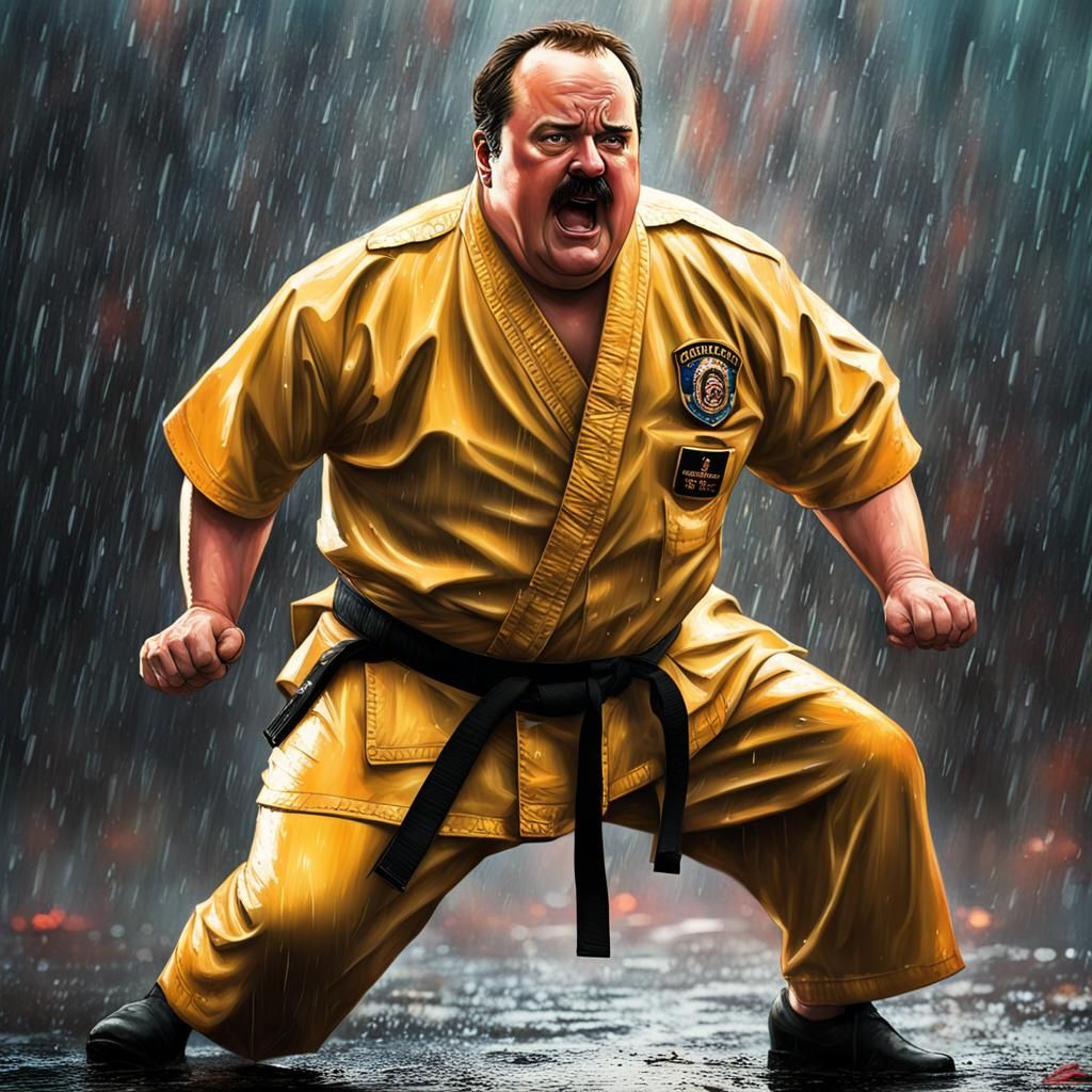 Hyperrealistic Paul Blart Karate Fight in the Rain