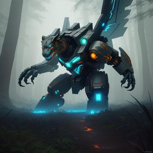 Mecha Tiger vs Velociraptor in Mystical Forest
